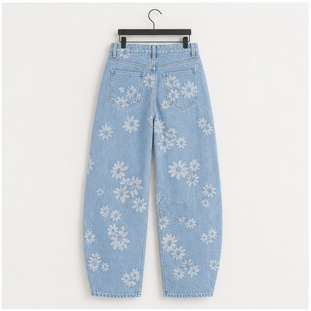 Women's Mid Rise Baggy Barrel Jeans Floral Printed Wide Leg Y2k Boyfriend Jeans Denim Ankle Pants - back view
